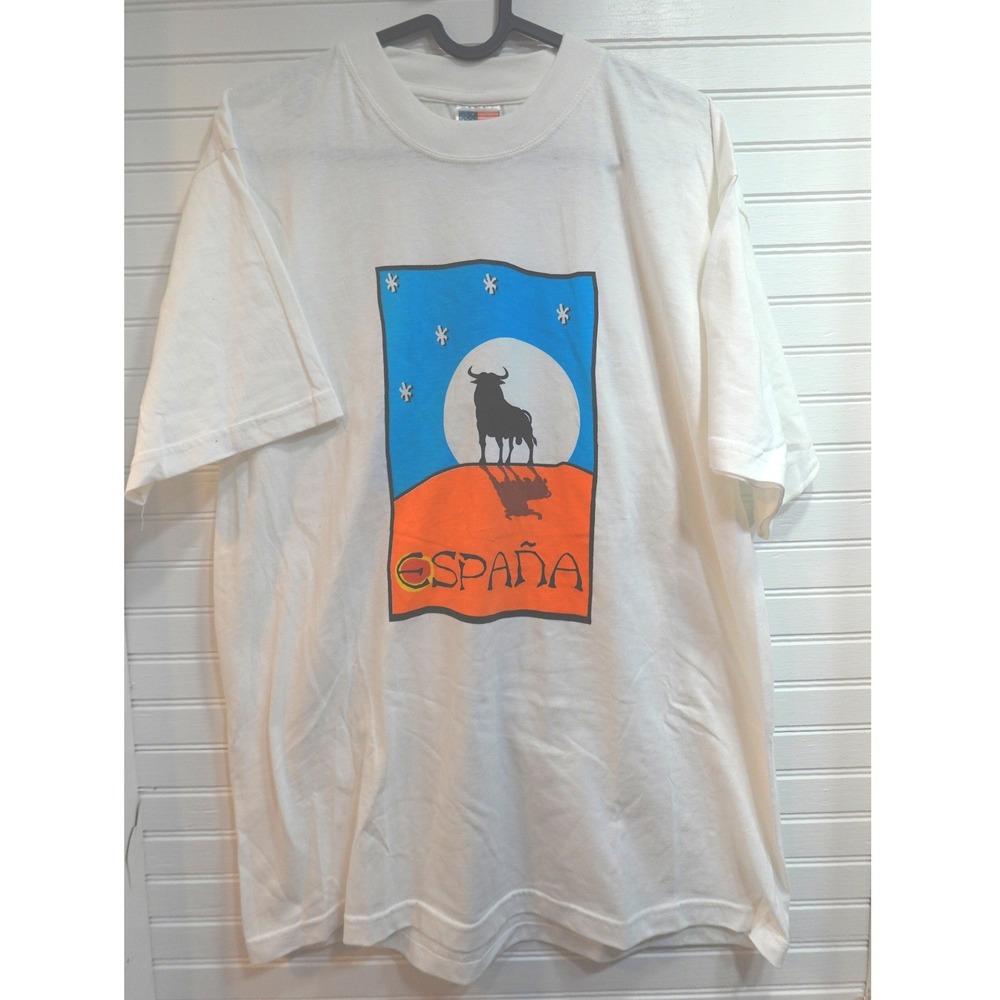 New Vintage España T-shirt Mens XL Spanish Bull American Style White Cotton Tee